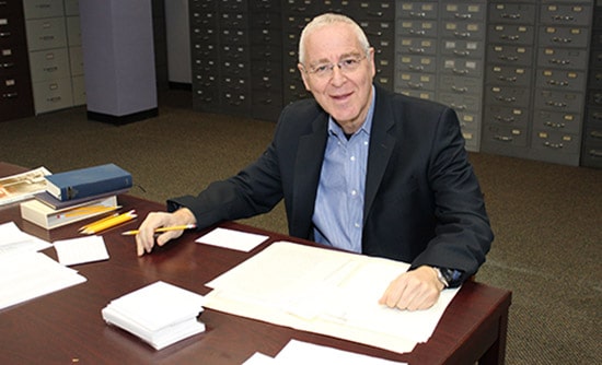 Pulitzer Prize winning author Ron Chernow conducts research for his biography on Ulysses S. Grant during a 2014 visit to the Ulysses S. Grant Presidential Library at Mississippi State University. (Photo by Randall McMillen)