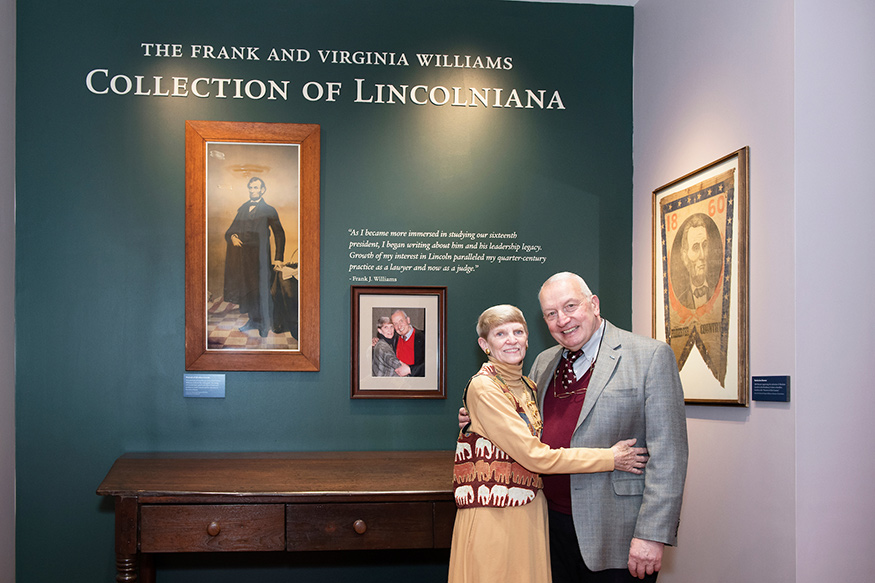 Former Rhode Island Chief Justice Frank J. Williams and his wife, Virginia, are pictured at Mississippi State’s Mitchell Memorial Library, home of the Frank and Virginia Williams Collection of Lincolniana.