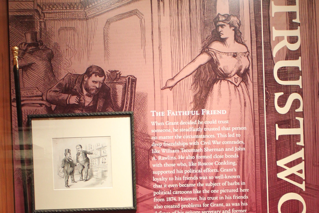 Engraving of a political cartoon on display.